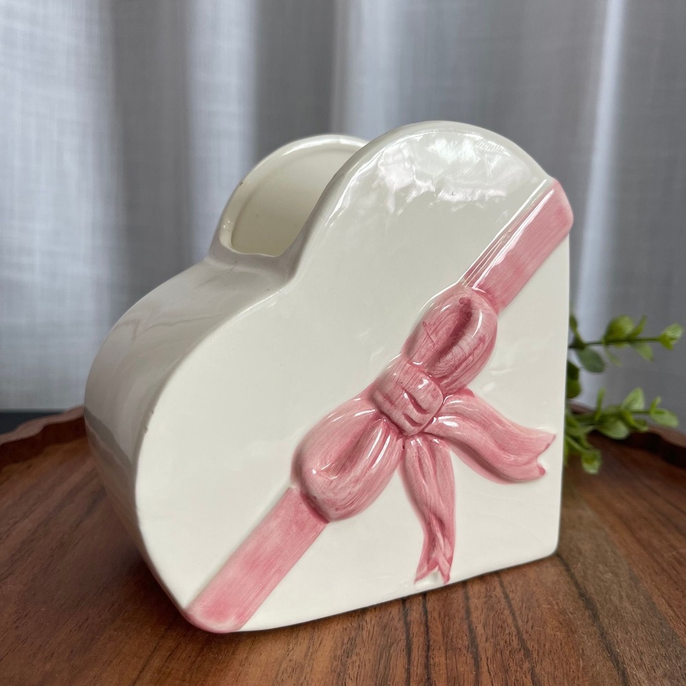 Relpo 17765 Ceramic Heart with Pink Bow Planter Vase MCM 50s Vintage